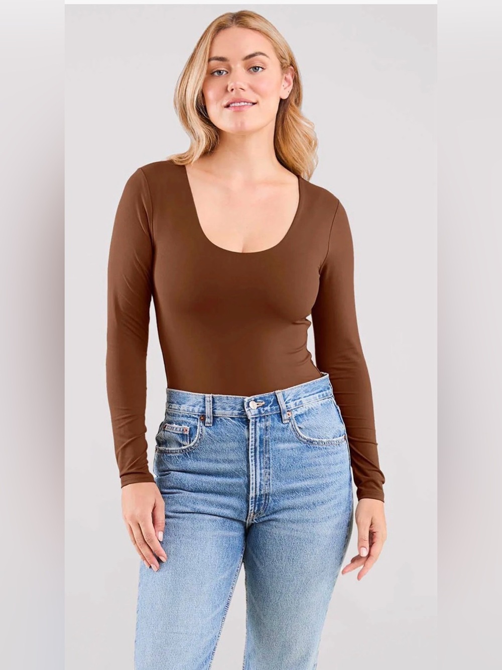 Nuuds Long Sleeve Scoop Neck Bodysuit Small Chocolate Brown Neutral